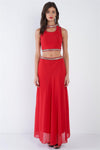 Red Gold & Silver Embroidered Lace Trim Halter Neck Crop & Midi Semi-Sheer Skirt Set /2-2-2