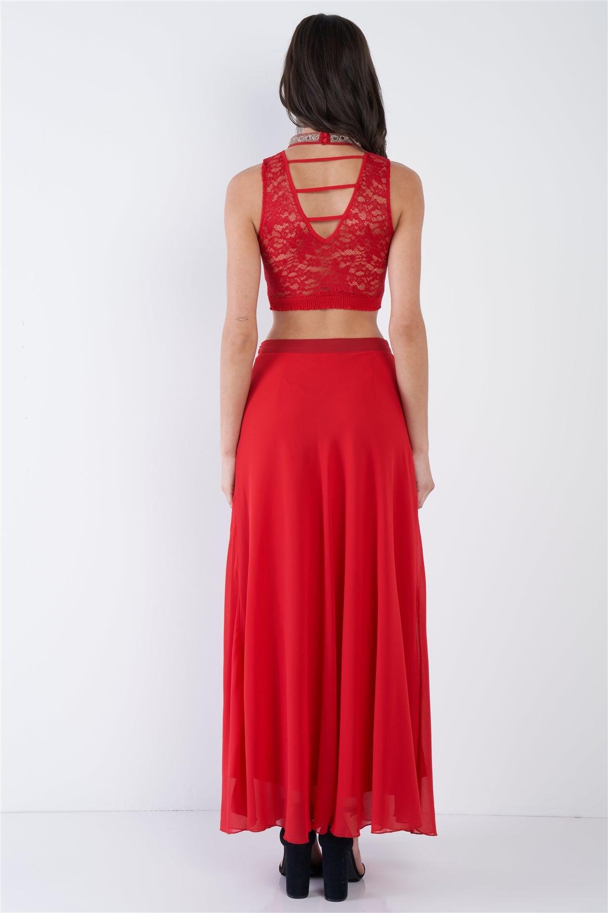 Red Gold & Silver Embroidered Lace Trim Halter Neck Crop & Midi Semi-Sheer Skirt Set /2-2-2