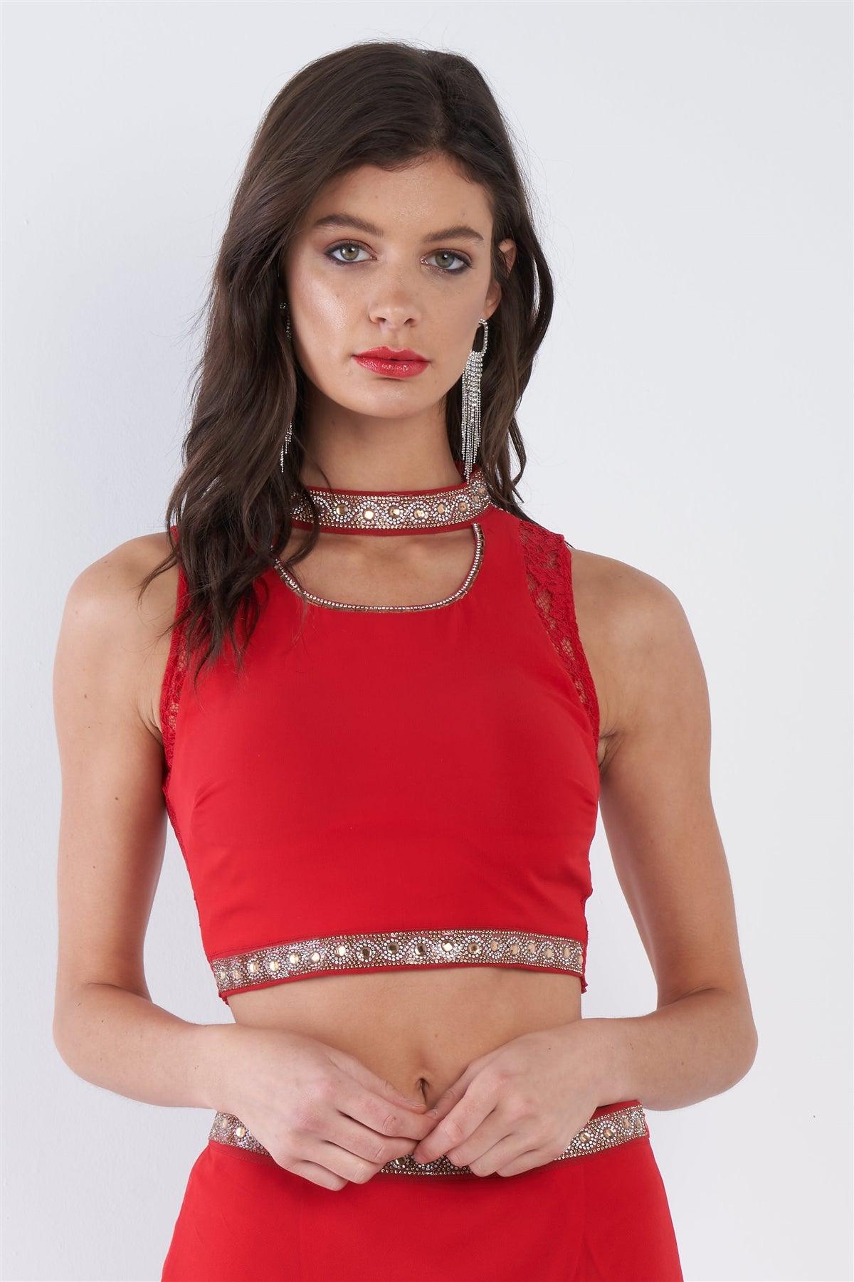 Red Gold & Silver Embroidered Lace Trim Halter Neck Crop & Midi Semi-Sheer Skirt Set /2-2-2