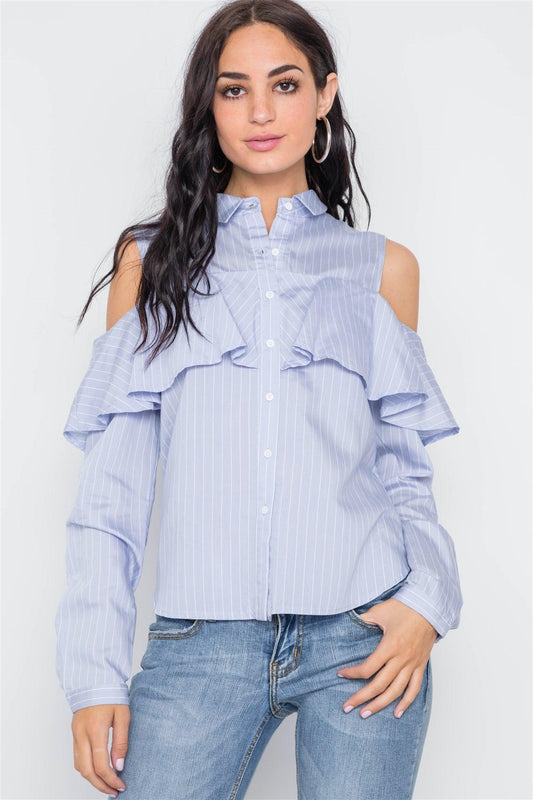 Powder Blue Stripe Cold Shoulder Button Down Top /3-2-1