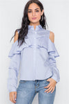 Powder Blue Stripe Cold Shoulder Button Down Top