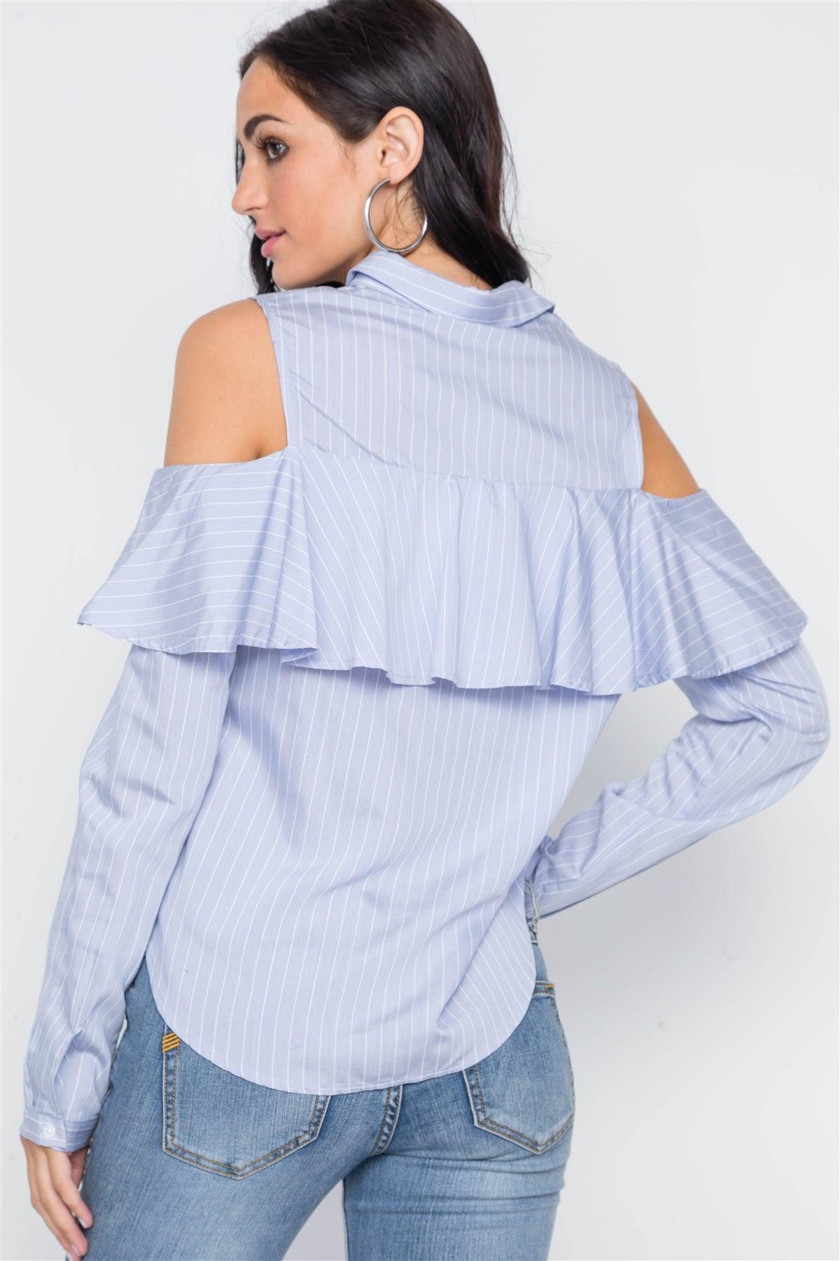 Powder Blue Stripe Cold Shoulder Button Down Top