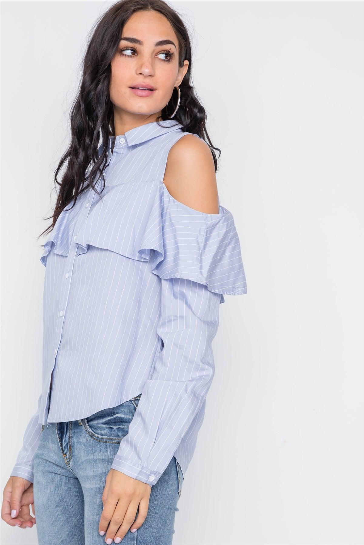 Powder Blue Stripe Cold Shoulder Button Down Top