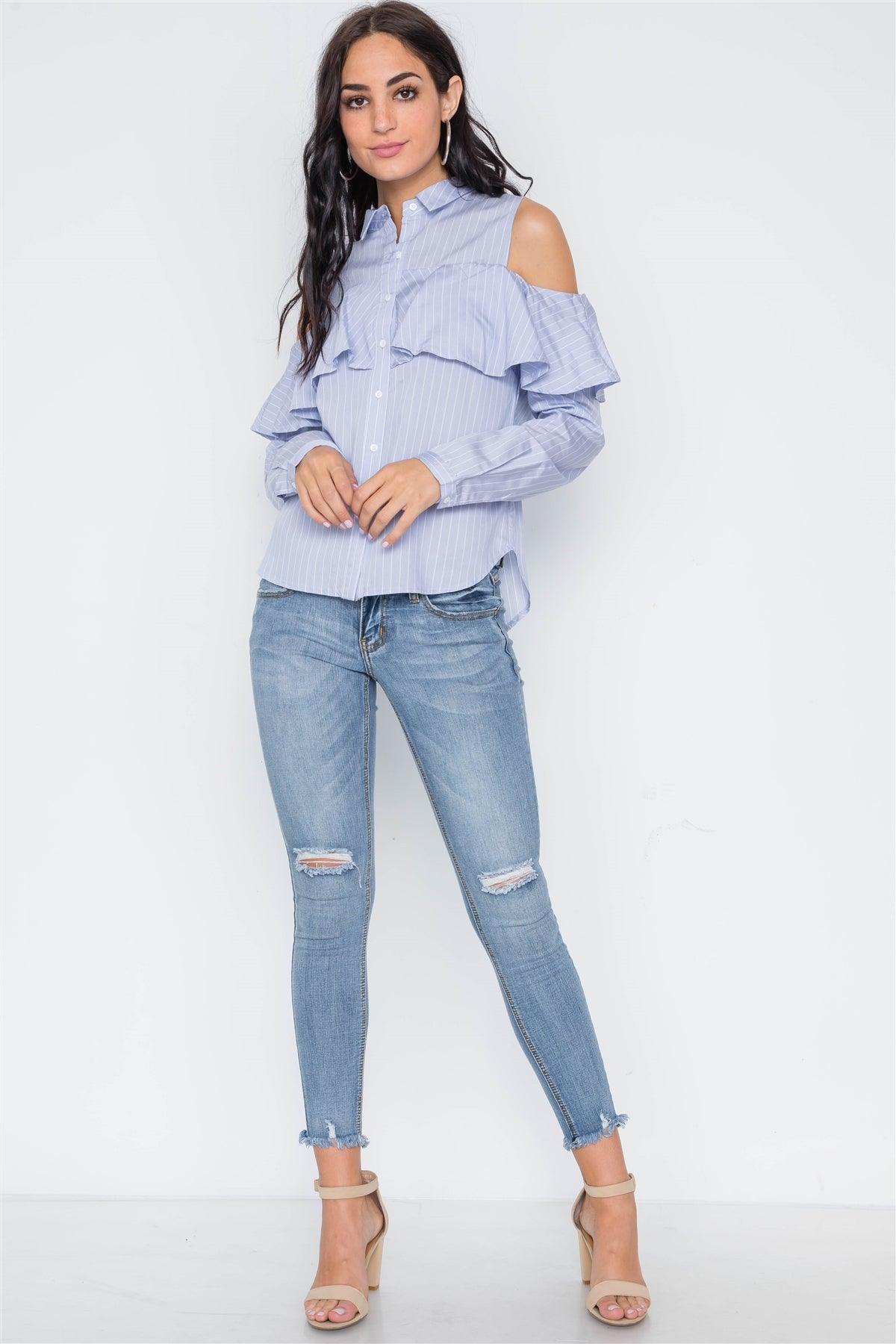 Powder Blue Stripe Cold Shoulder Button Down Top