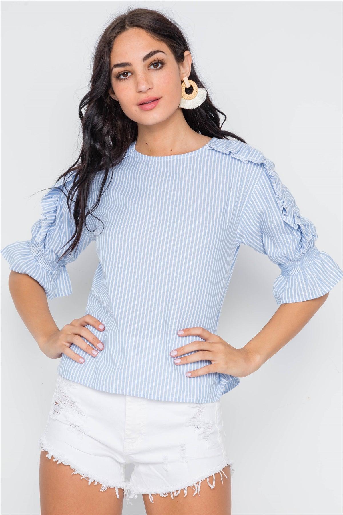 Powder Blue Stripe 3/4 Sleeve Ruffle Layer Top /3-2-1