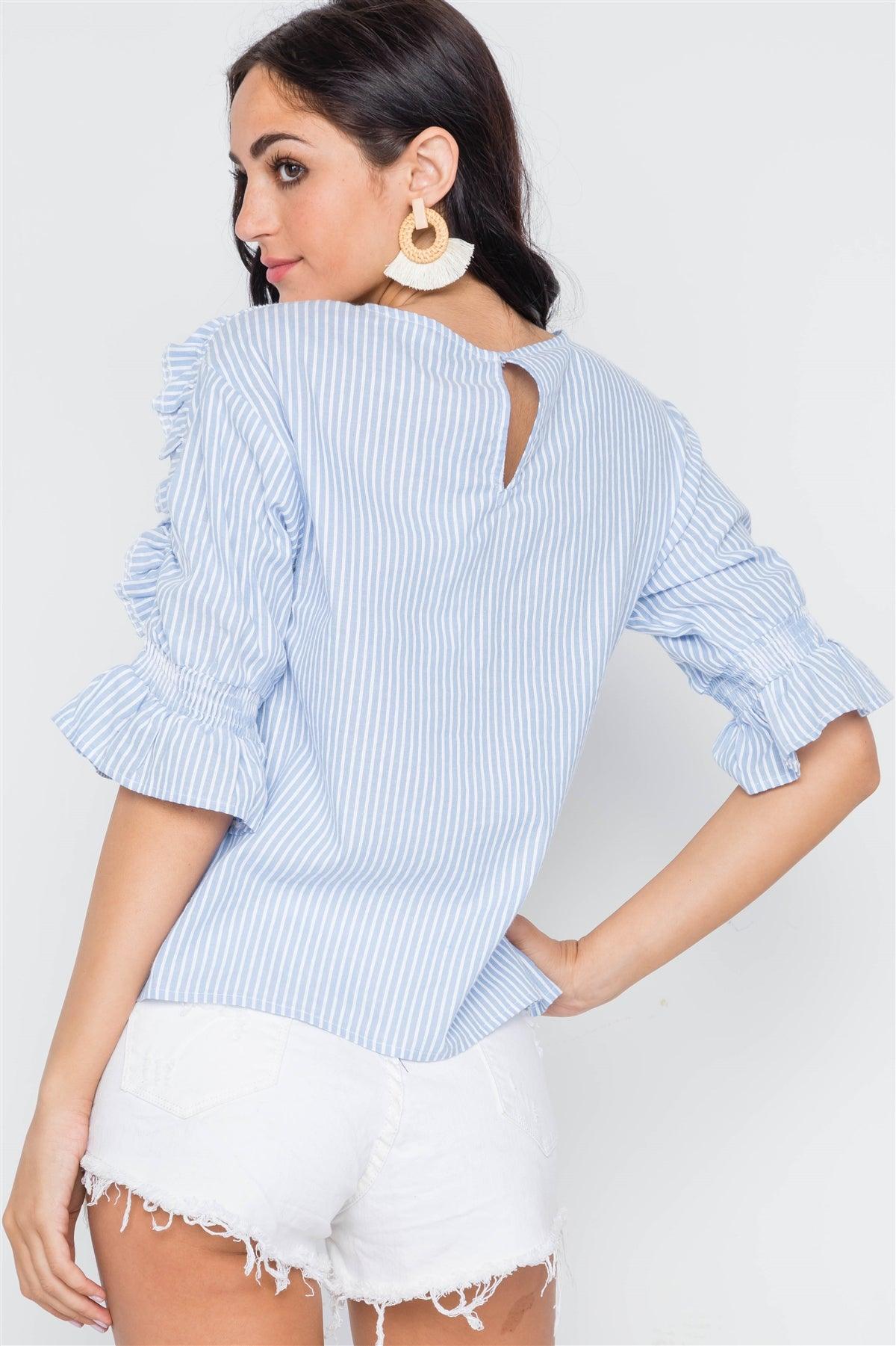 Powder Blue Stripe 3/4 Sleeve Ruffle Layer Top /3-2-1