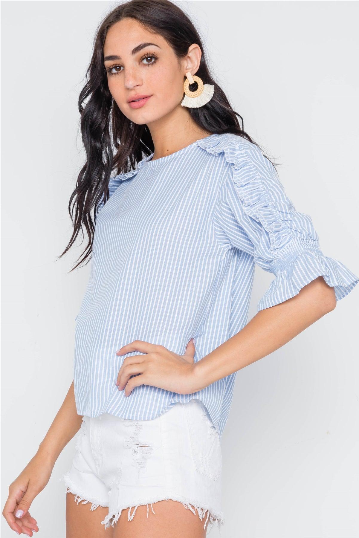 Powder Blue Stripe 3/4 Sleeve Ruffle Layer Top /3-2-1