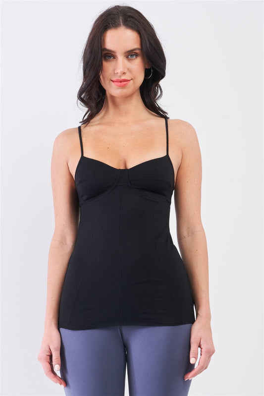 Black Sleeveless V-Neck Stitching Detail Basic Cami Top