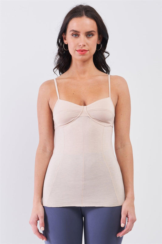 Nude Sleeveless V-Neck Stitching Detail Basic Cami Top /1-1-3-2