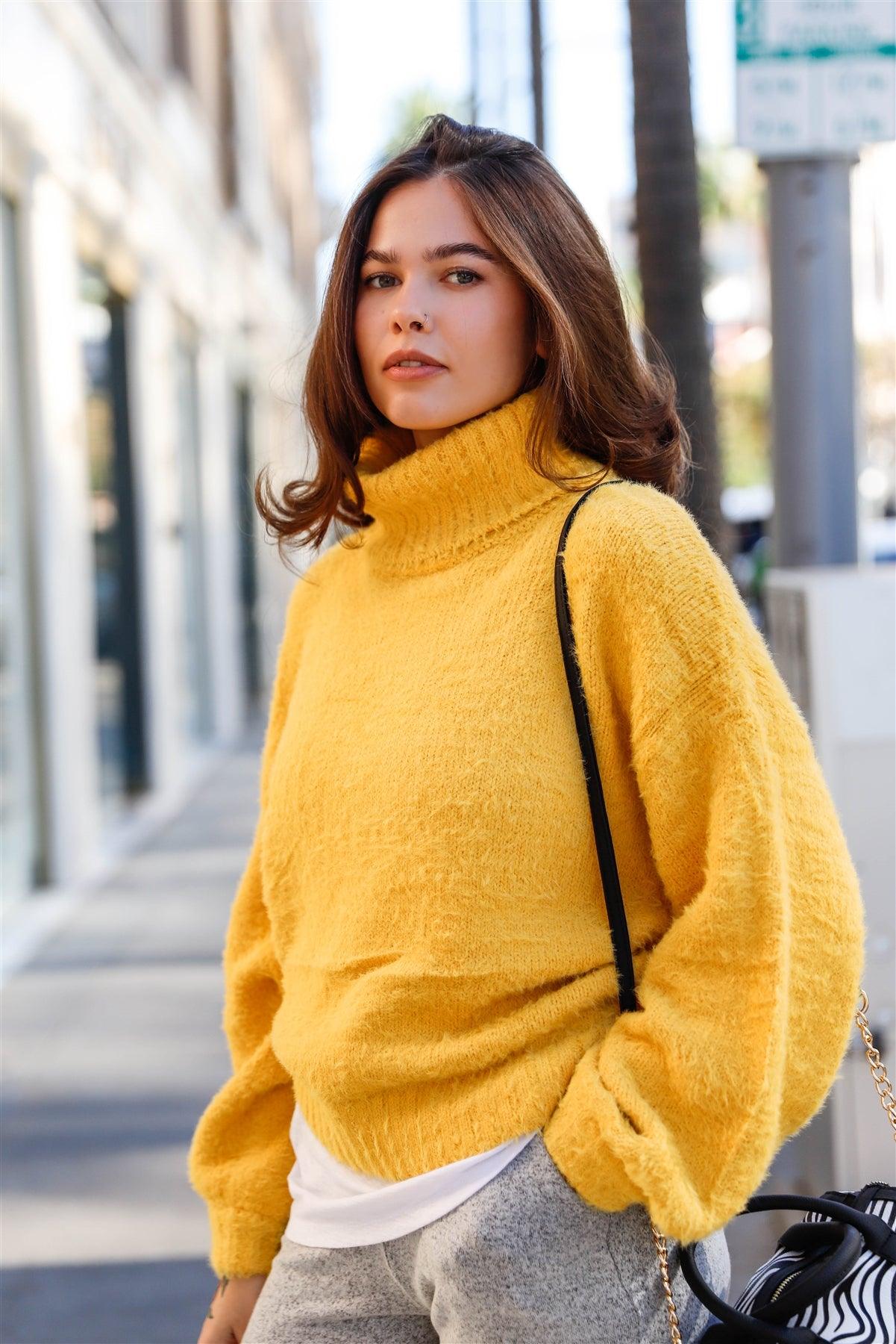 Gold Mustard Knit Fuzzy Turtleneck Sweater /2-2-2