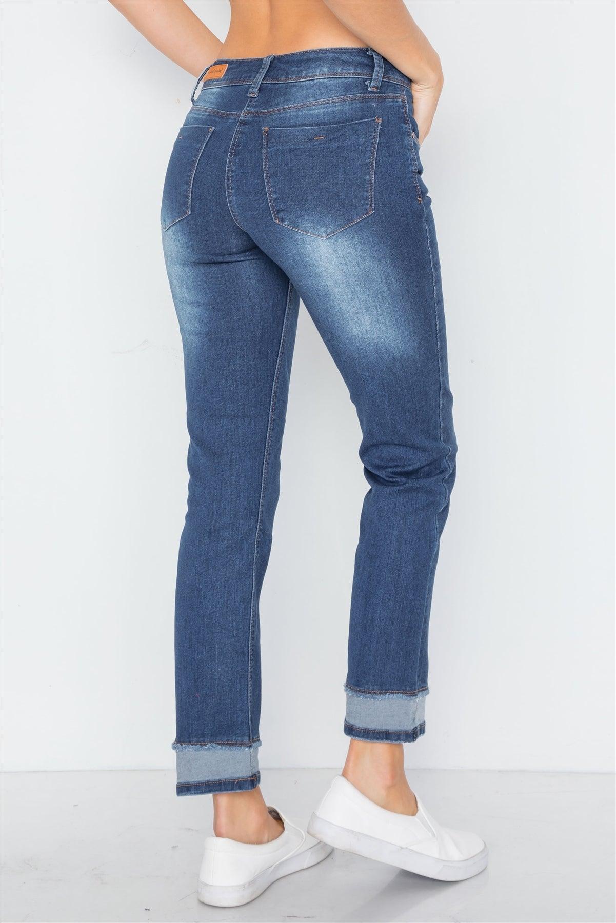 Medium Blue Mid-Rise Contrast Hem Jeans Pants /1-1-2-2-2-2-1-1