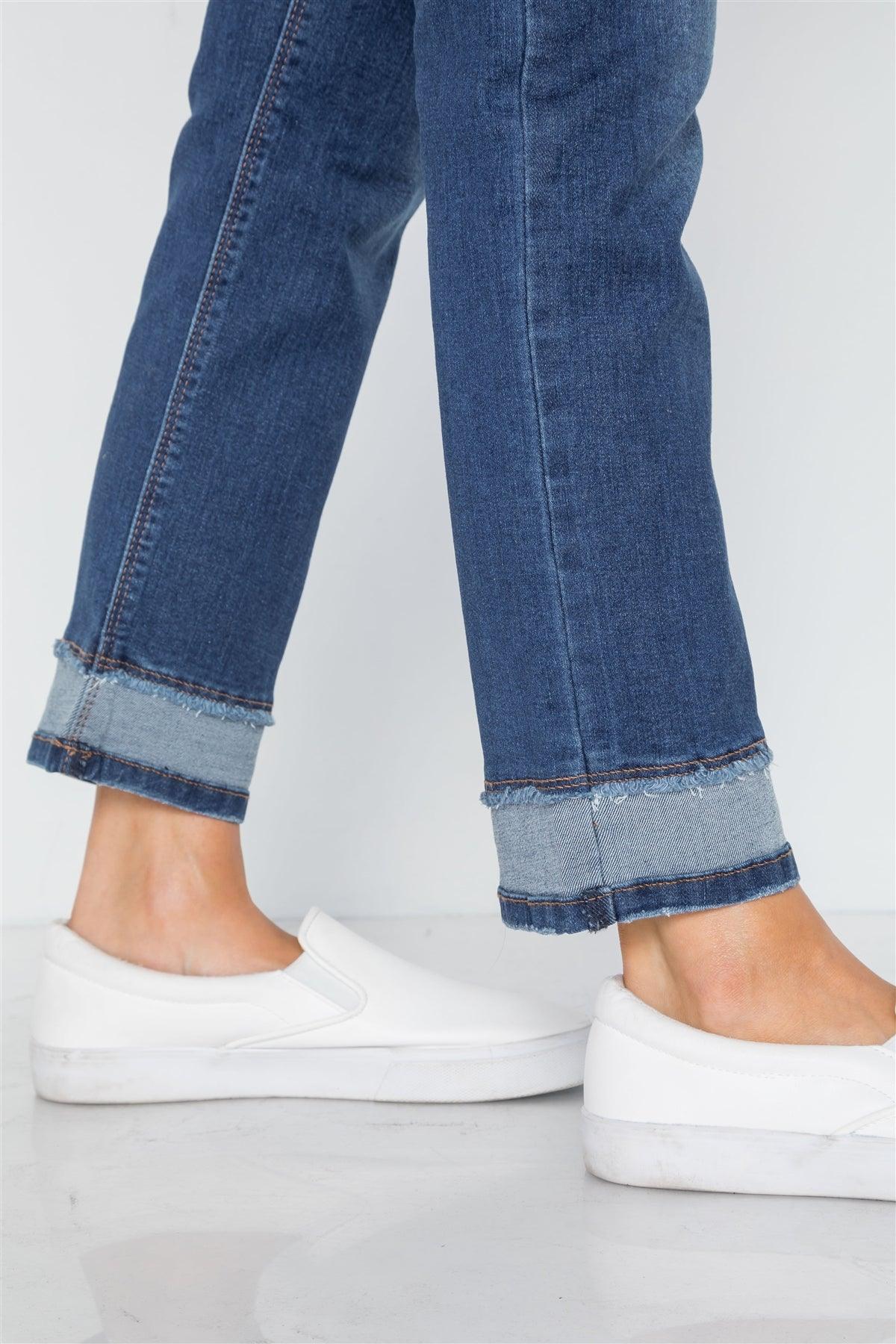 Medium Blue Mid-Rise Contrast Hem Jeans Pants /1-1-2-2-2-2-1-1