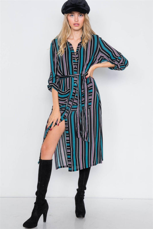 Black Combo Stripe Button Down Side Slit Midi Shirt Dress /2-2-2