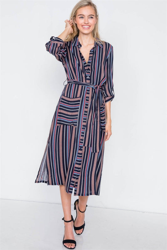 Navy Combo Stripe Button Down Side Slit Midi Shirt Dress /2-2-2