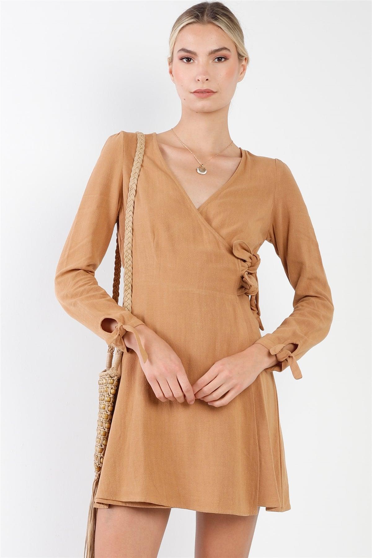 Camel Cotton V-Neck Wrap Boho Chic Mini Dress /2-2-2