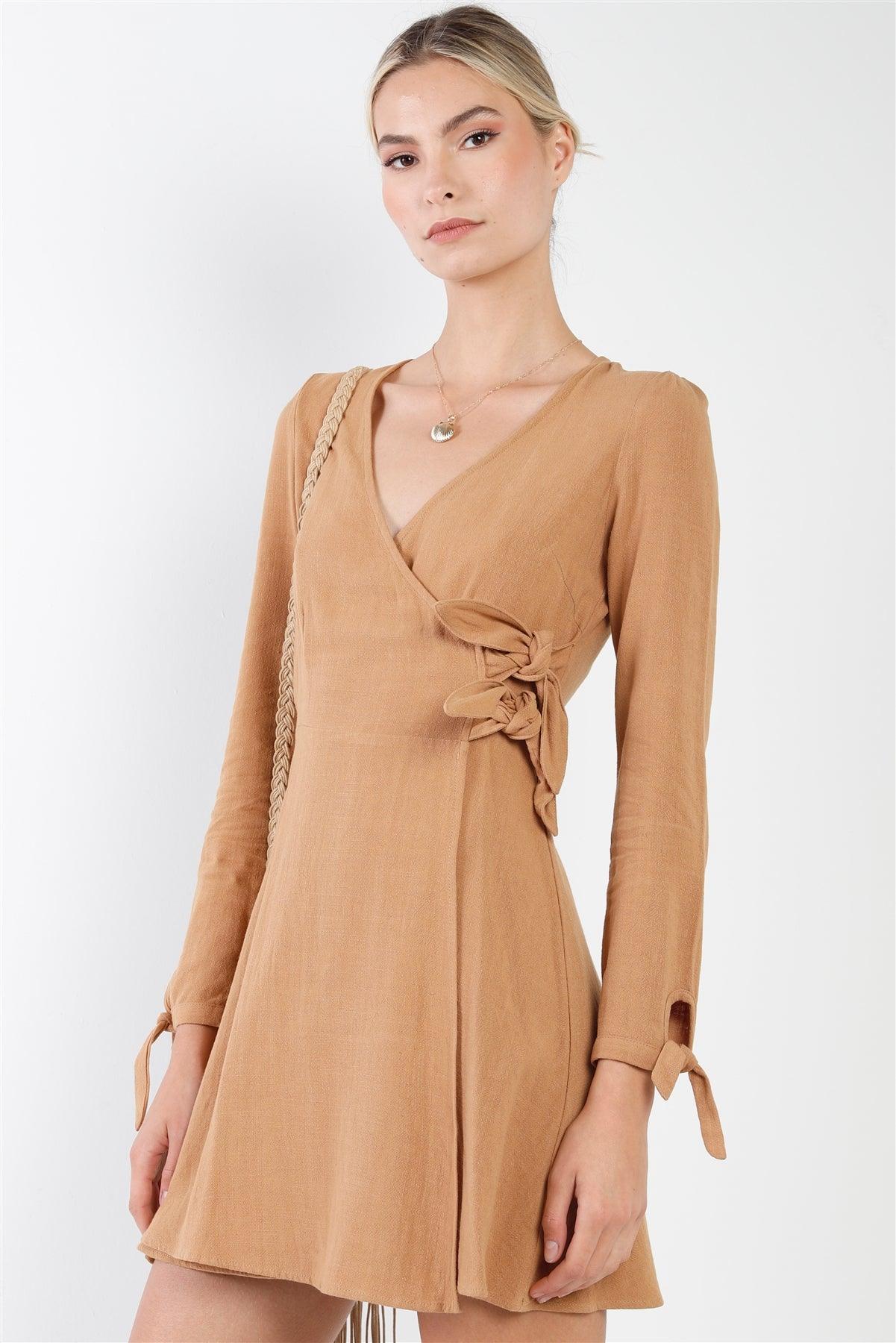 Camel Cotton V-Neck Wrap Boho Chic Mini Dress /2-2-2