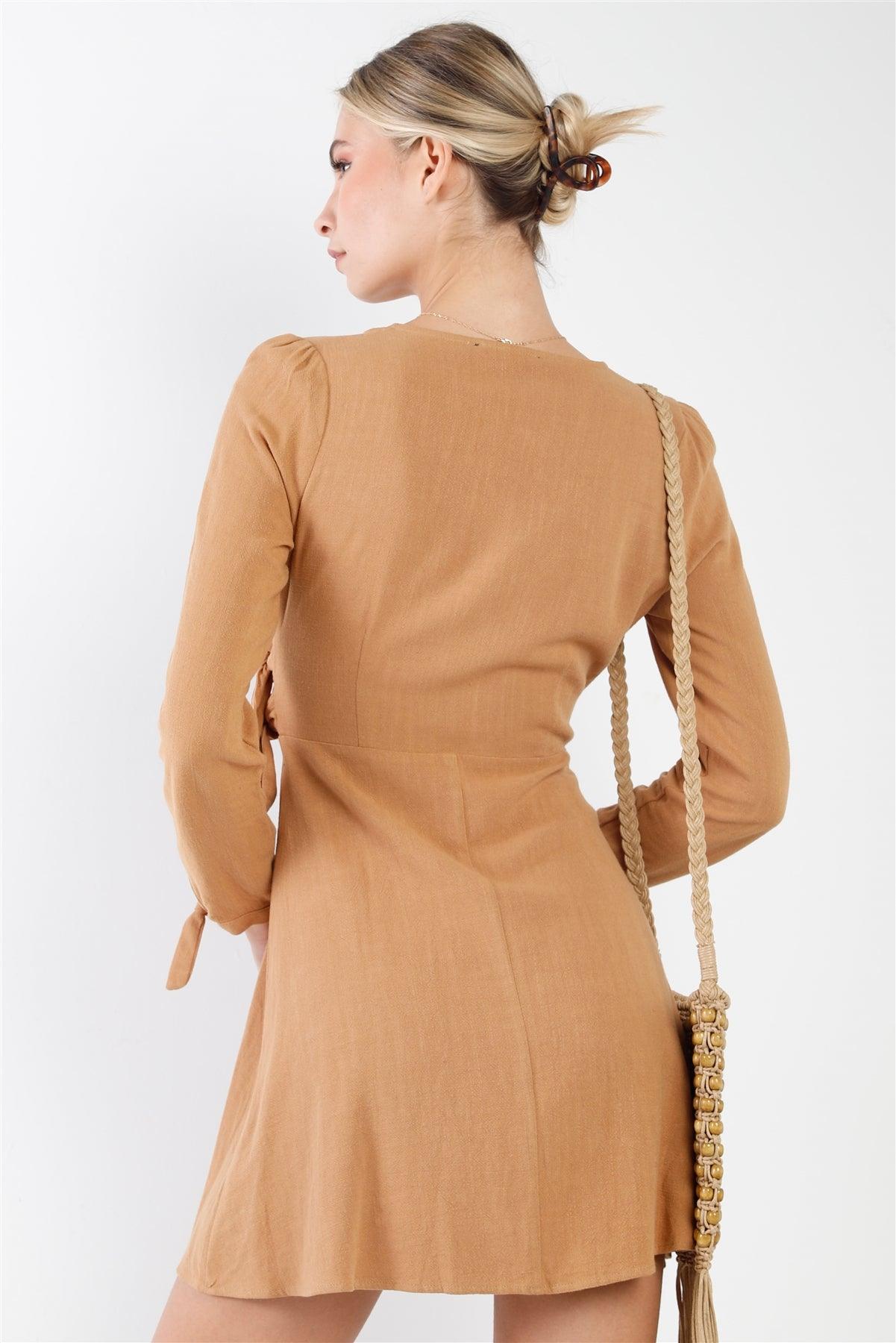 Camel Cotton V-Neck Wrap Boho Chic Mini Dress /2-2-2