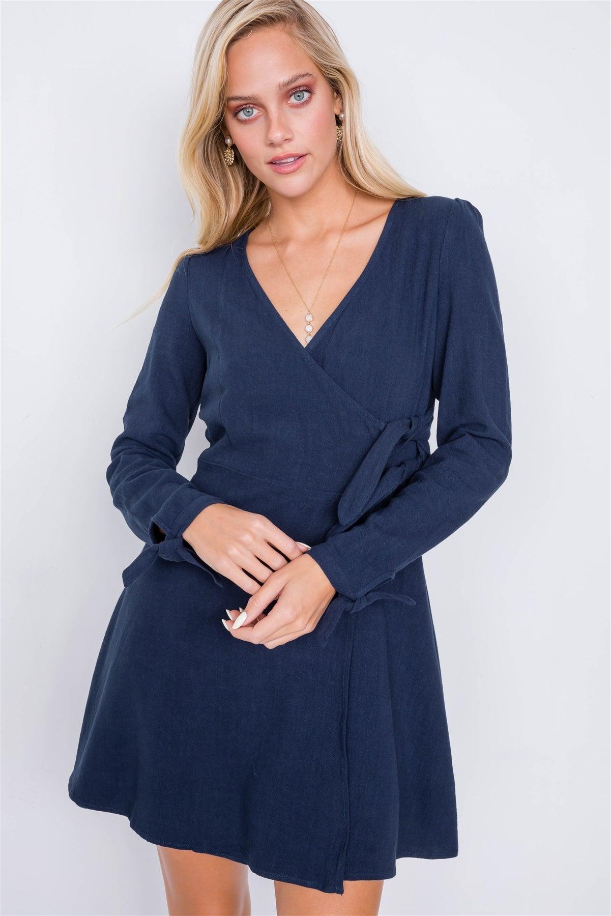 Navy Cotton V-Neck Wrap Boho Chic Mini Dress /2-2-2