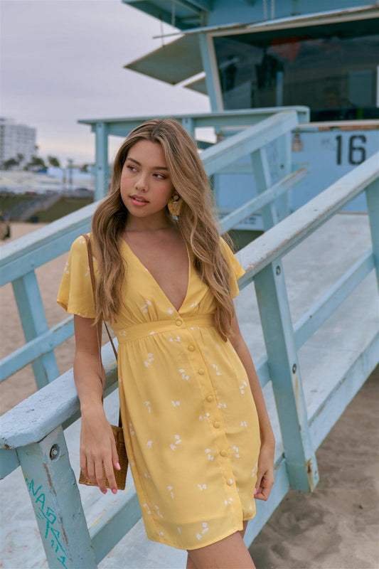 Yellow Flutter Sleeve Button Down V-Neck Mini Dress  /3-2-1