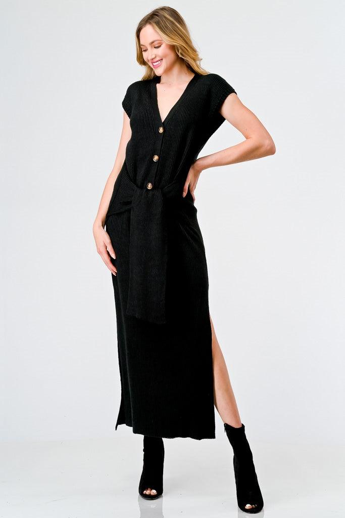 Black Knit Button-Up Sleeveless Belted Midi Sweater Dress /3-2-1