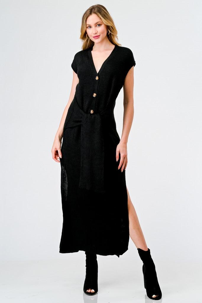 Black Knit Button-Up Sleeveless Belted Midi Sweater Dress /3-2-1