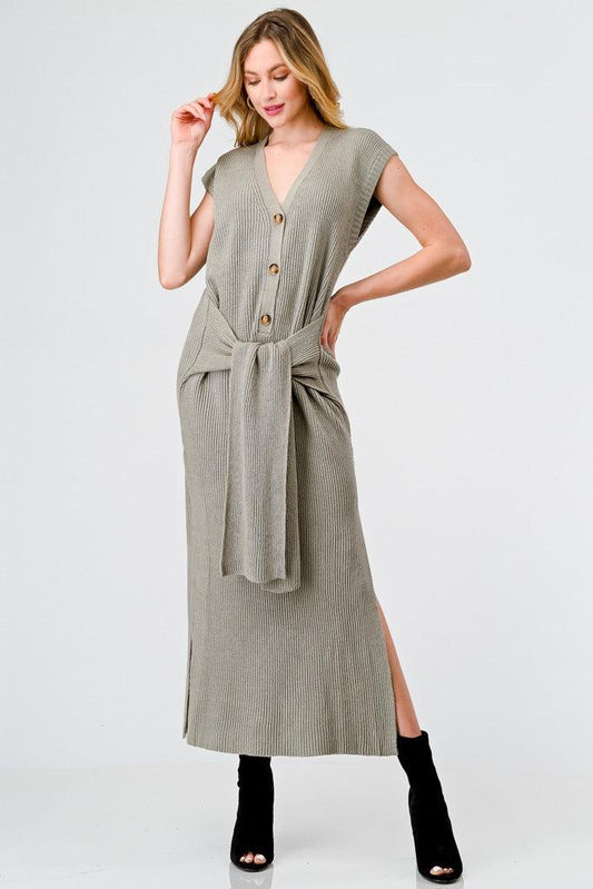 Dusty Olive Knit Button-Up Sleeveless Belted Midi Sweater Dress /3-2-1