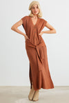 Rust Knit Button-Up Sleeveless Belted Midi Sweater Dress /2-2-1