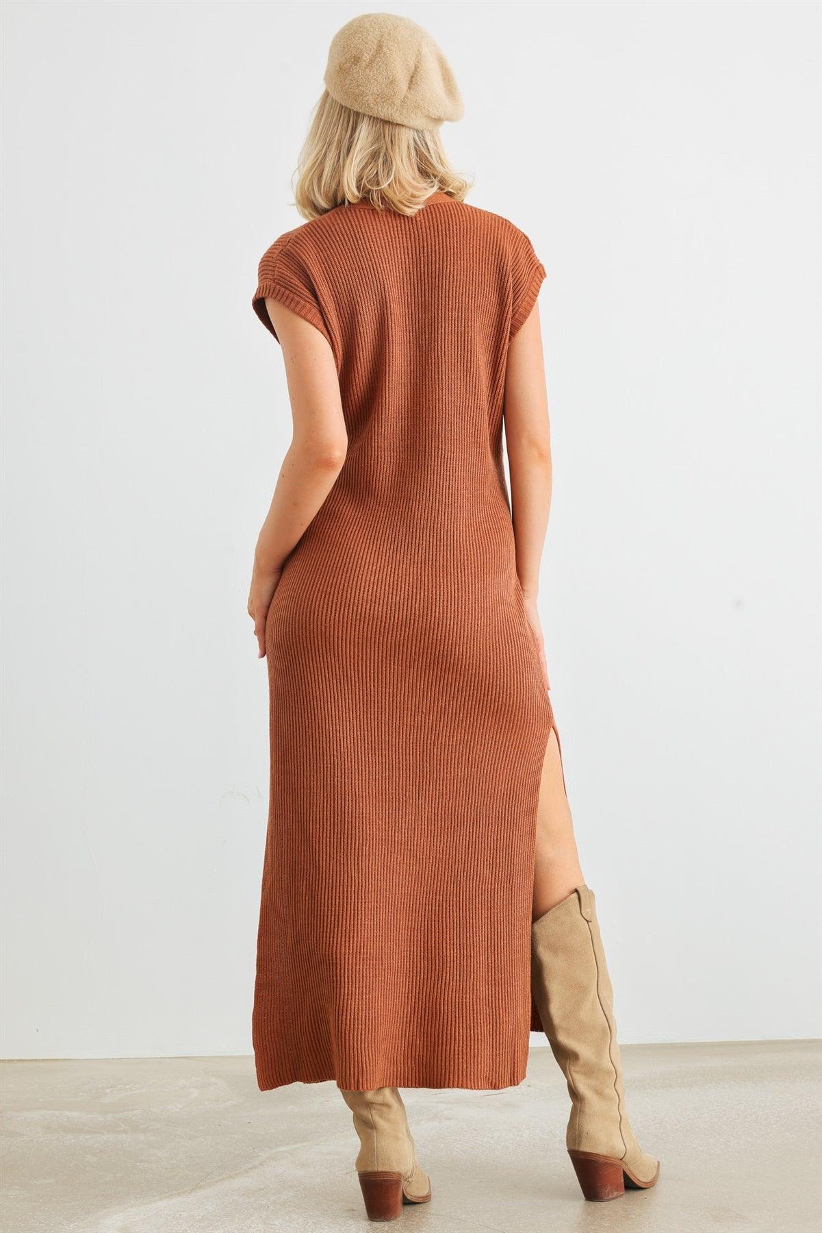 Rust Knit Button-Up Sleeveless Belted Midi Sweater Dress /2-2-1