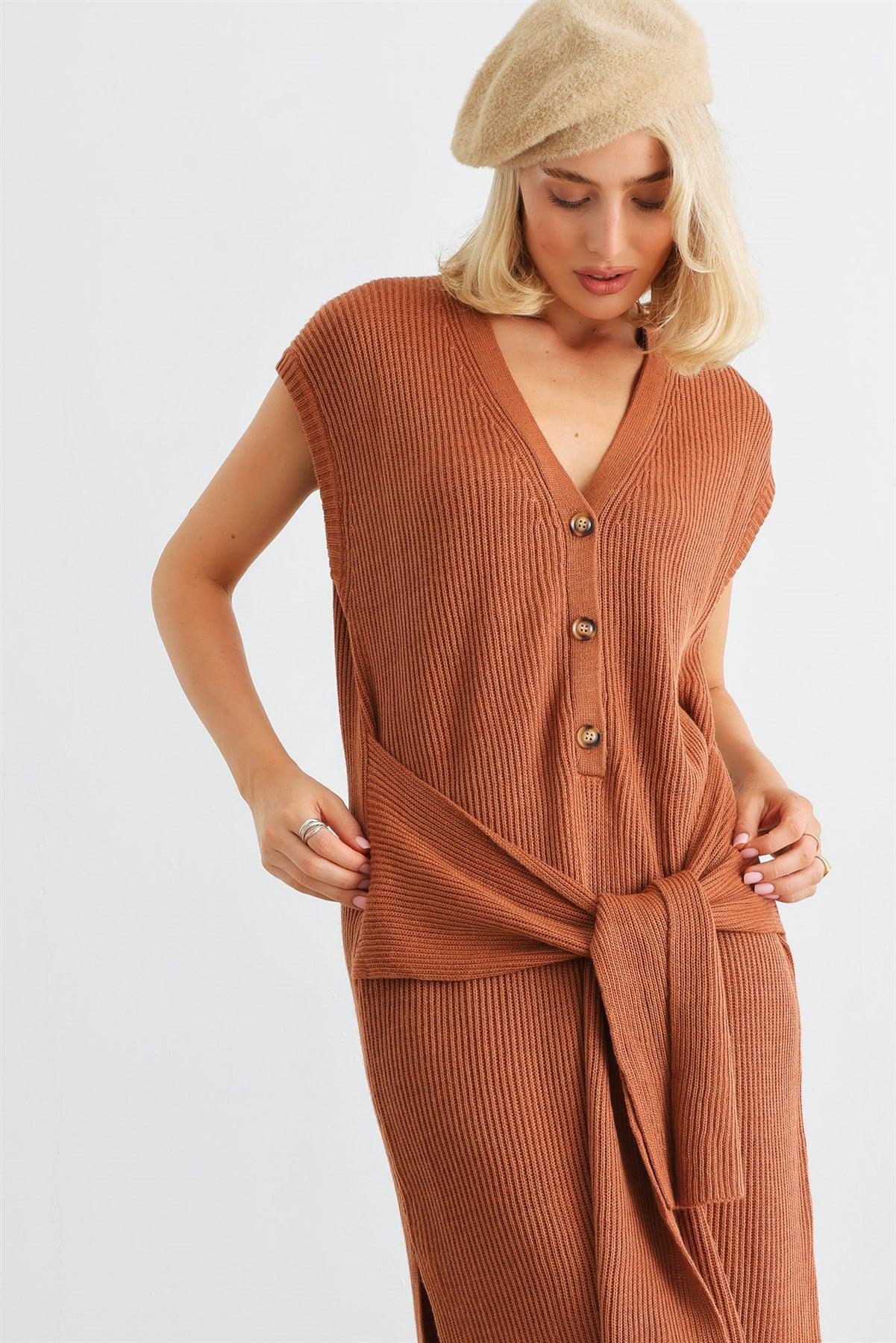 Rust Knit Button-Up Sleeveless Belted Midi Sweater Dress /2-2-1