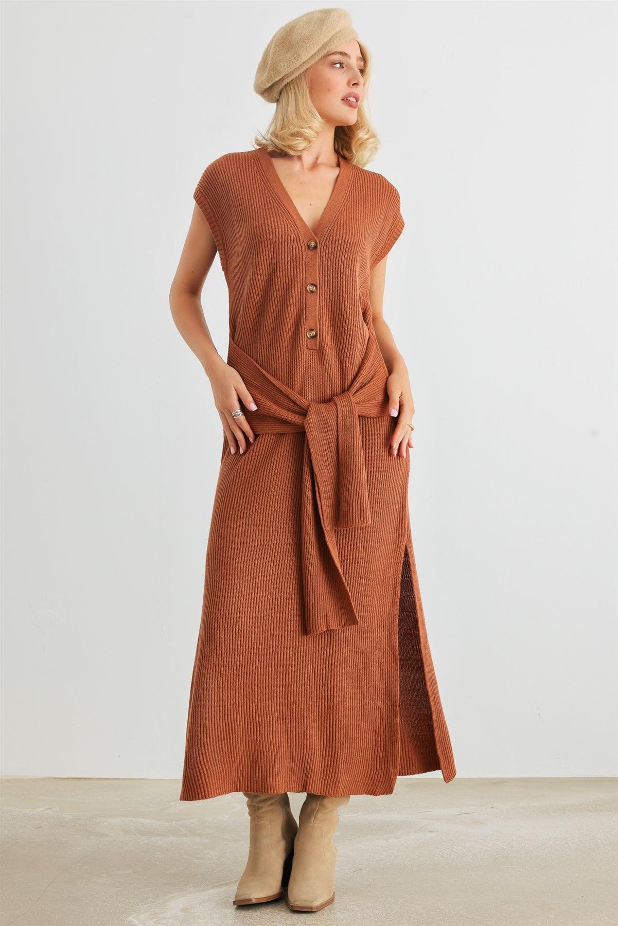 Rust Knit Button-Up Sleeveless Belted Midi Sweater Dress /2-2-1