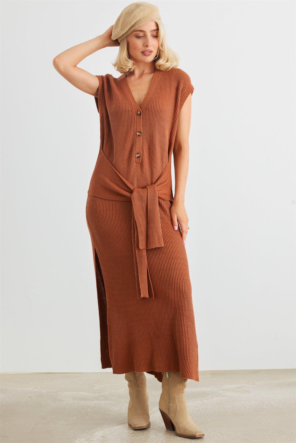 Rust Knit Button-Up Sleeveless Belted Midi Sweater Dress /2-2-1