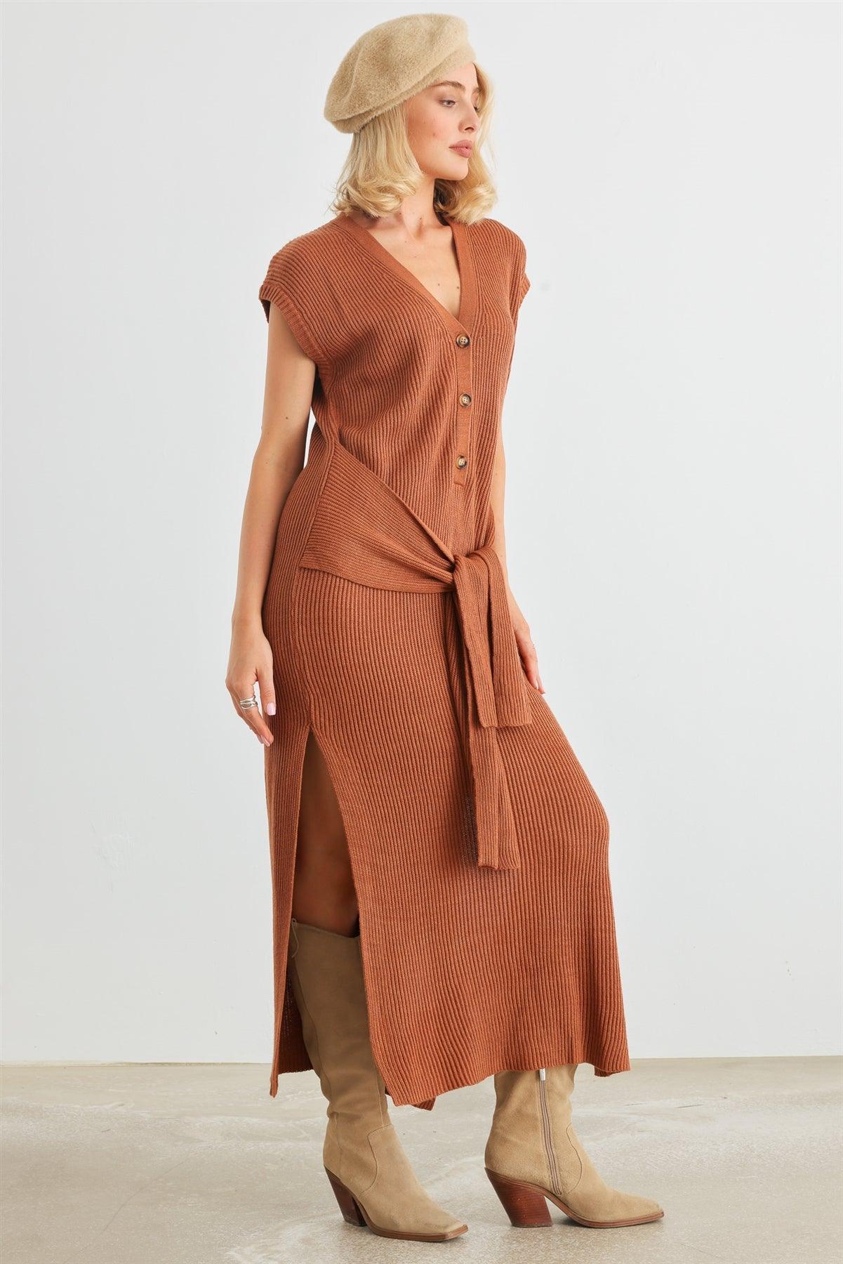 Rust Knit Button-Up Sleeveless Belted Midi Sweater Dress /3-2-1