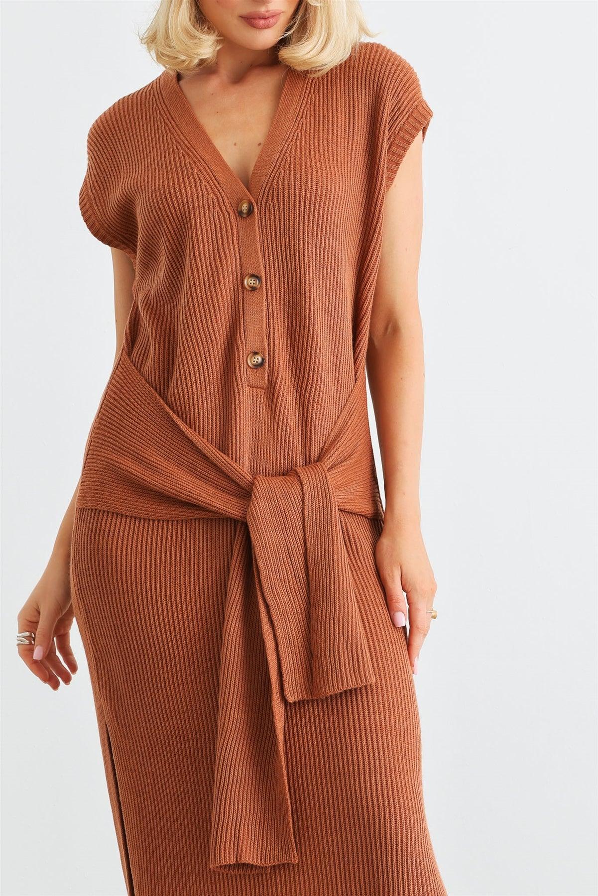 Rust Knit Button-Up Sleeveless Belted Midi Sweater Dress /3-2-1