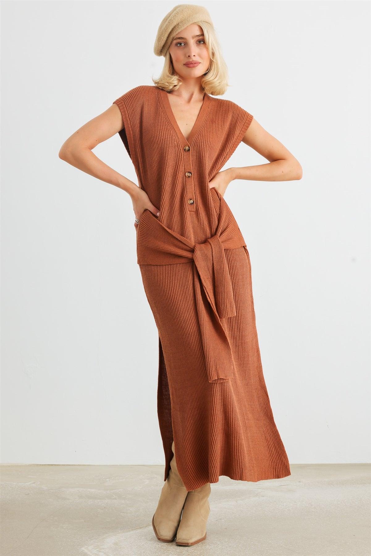 Rust Knit Button-Up Sleeveless Belted Midi Sweater Dress /3-2-1