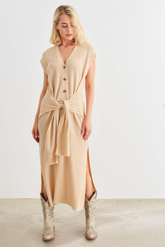 Taupe Knit Button-Up Sleeveless Belted Midi Sweater Dress /3-2-1