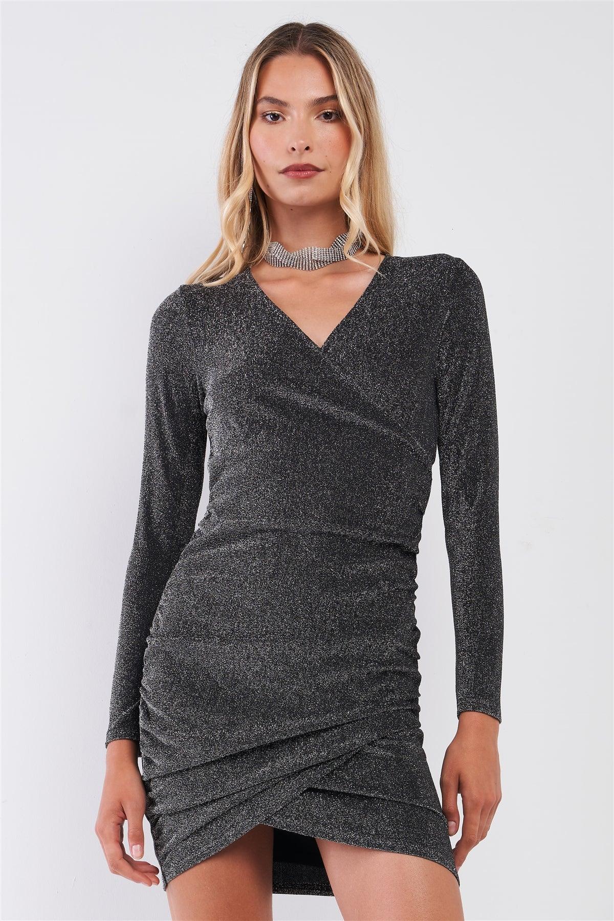 Black & Silver Shiny Wrap Gathered V-Neck Long Sleeve Mini Dress /2-2-2