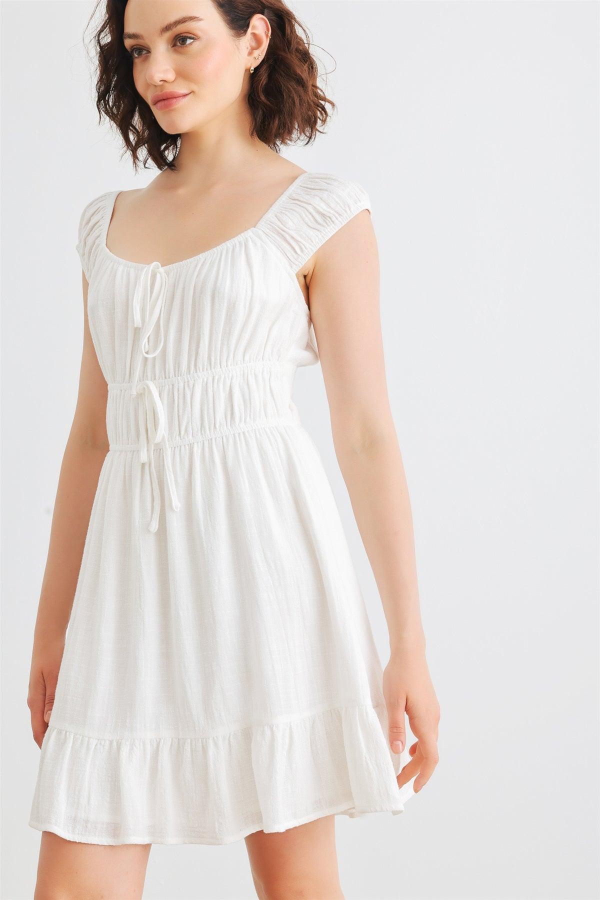 White Cotton Sleeveless Square Neck Smocked Mini Dress /2-2-2