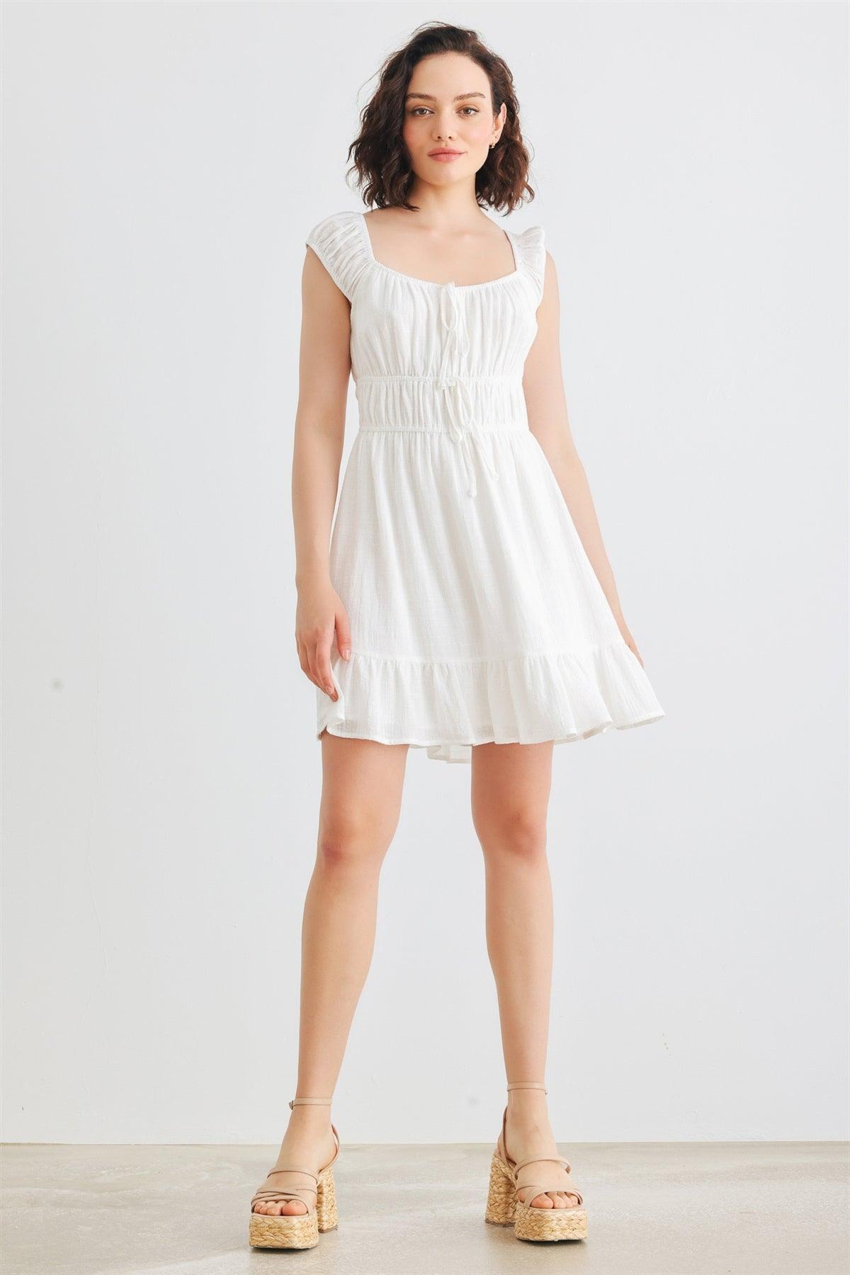 White Cotton Sleeveless Square Neck Smocked Mini Dress /2-2-2