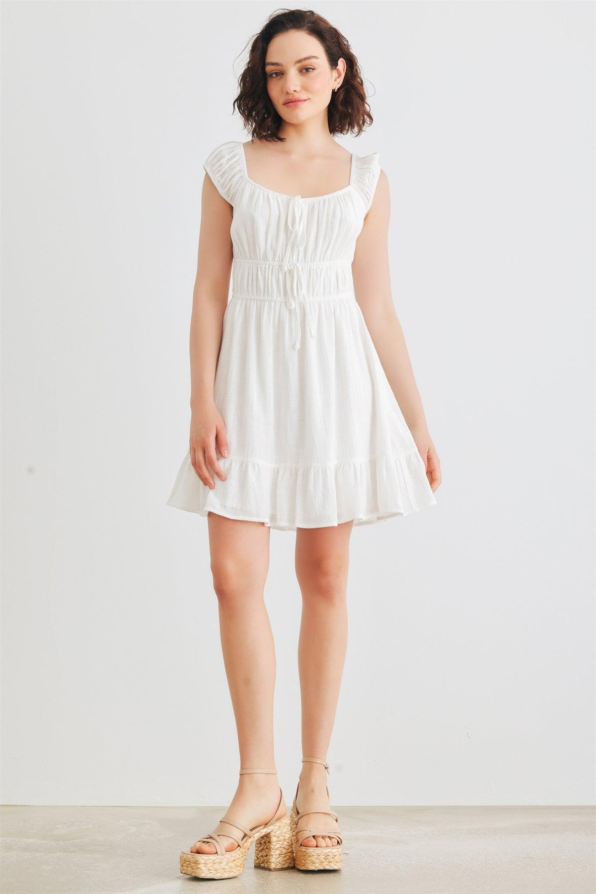 White Cotton Sleeveless Square Neck Smocked Mini Dress /2-2-2