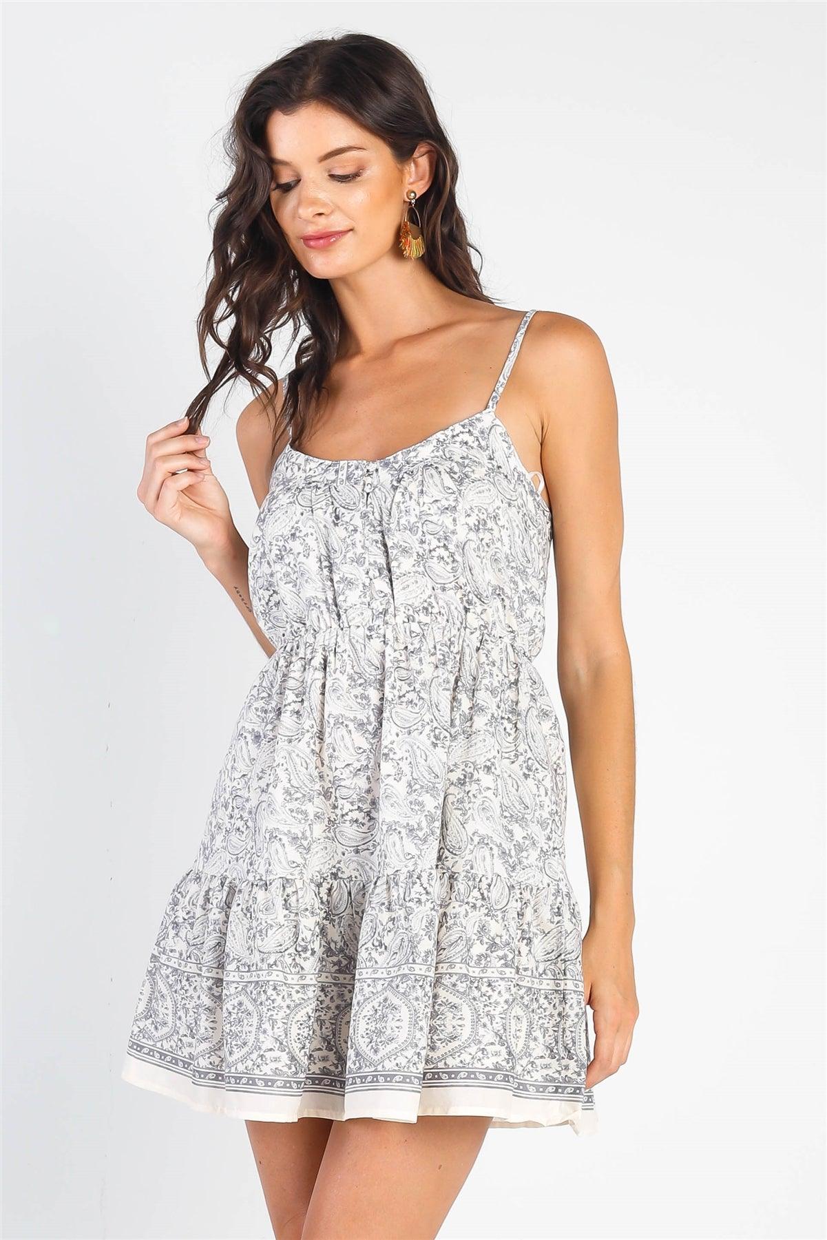 Cream & Grey Cotton Paisley Print Sleeveless Mini Dress /3-2-1