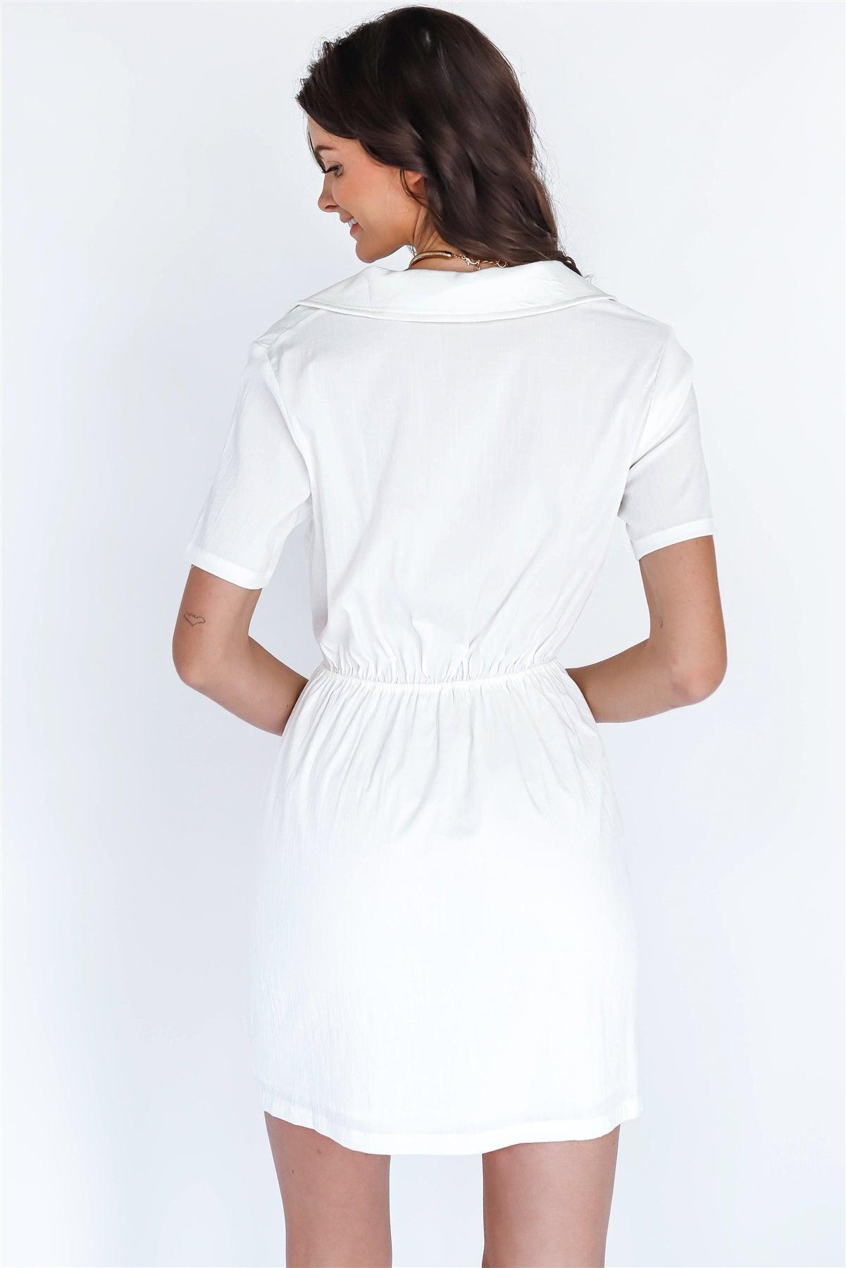 Off-White Textured Front Cut-Out Collared V-Neck Mini Dress /3-2-1