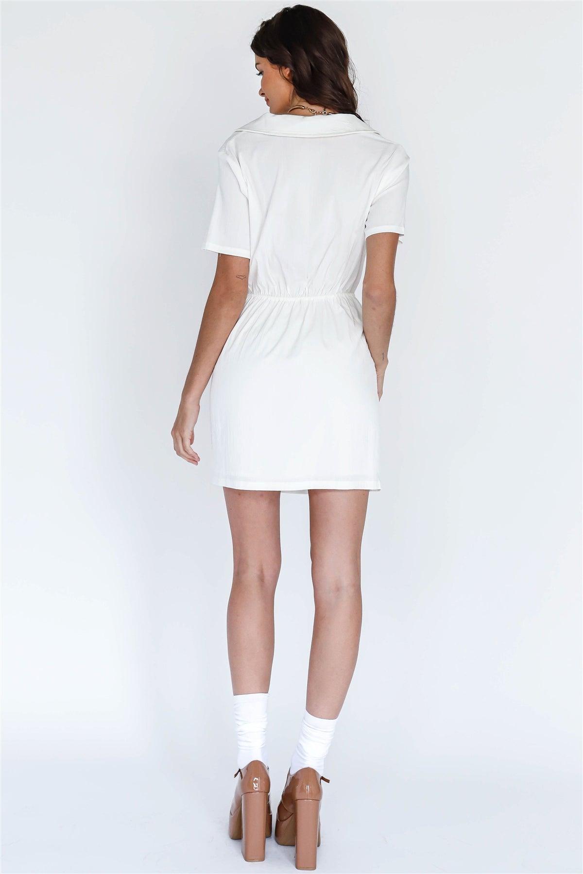 Off-White Textured Front Cut-Out Collared V-Neck Mini Dress /3-2-1