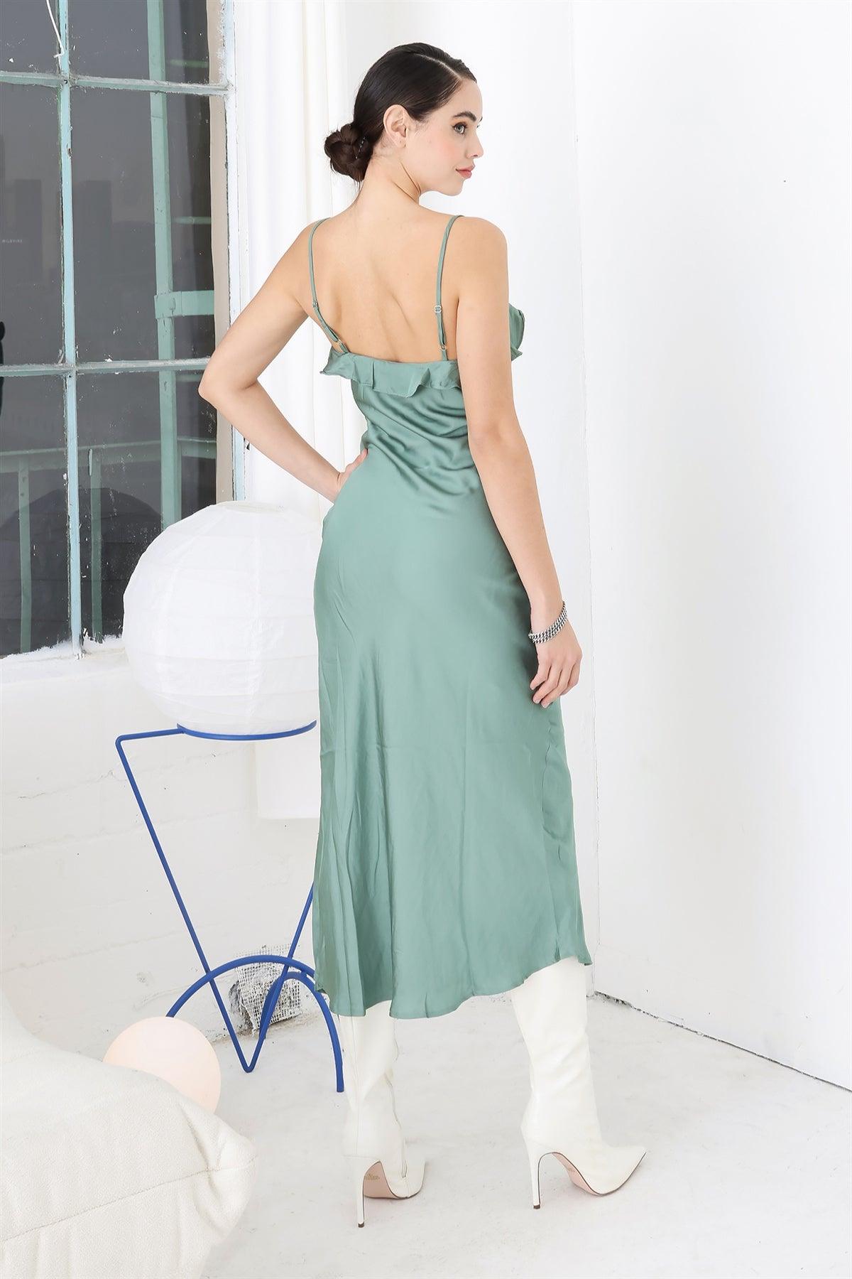 Sage Satin Sleeveless Strappy Ruffle Side Slit Midi Dress /1-2-2-1