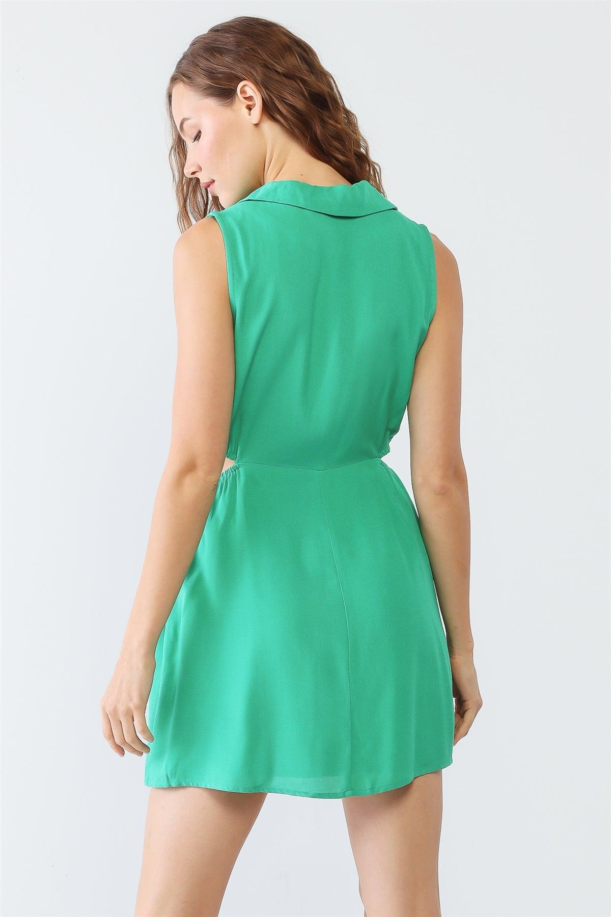 Kelly Green Wrap Collared Neck Two Pocket Cut-Out Detail Mini Dress /3-2-1