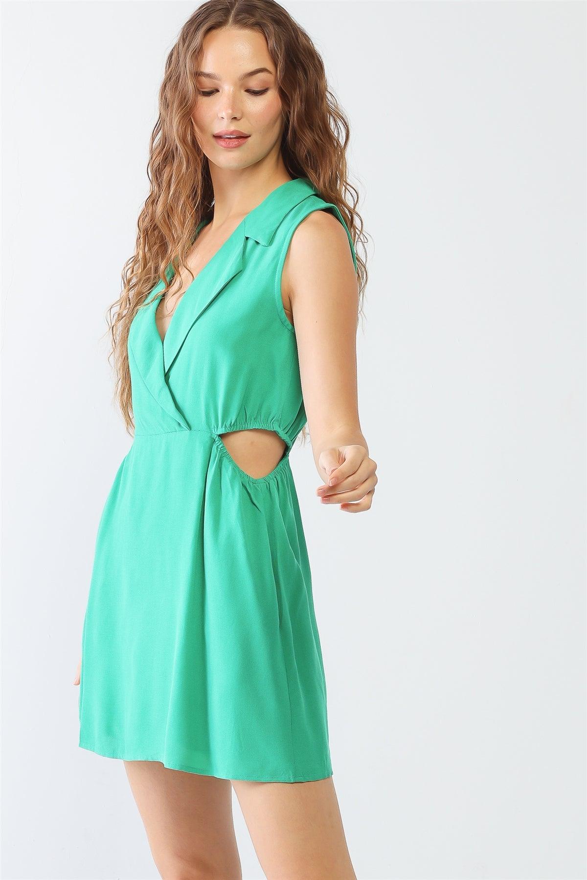 Kelly Green Wrap Collared Neck Two Pocket Cut-Out Detail Mini Dress /3-2-1