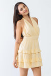 Lemon V-Neck Sleeveless Ruffle Open Back Flare Hem Mini Dress /3-2-1