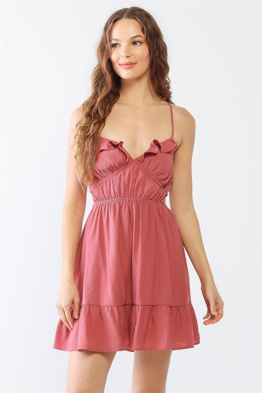 Mauve Textured Ruffle Neck Sleeveless Strappy Criss-Cross Smocked Back Mini Dress /3-2-1