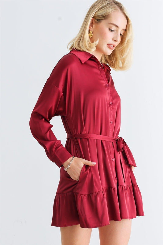 Burgundy Satin Button-Up Collared Neck Belted Mini Dress /1-2-2-1