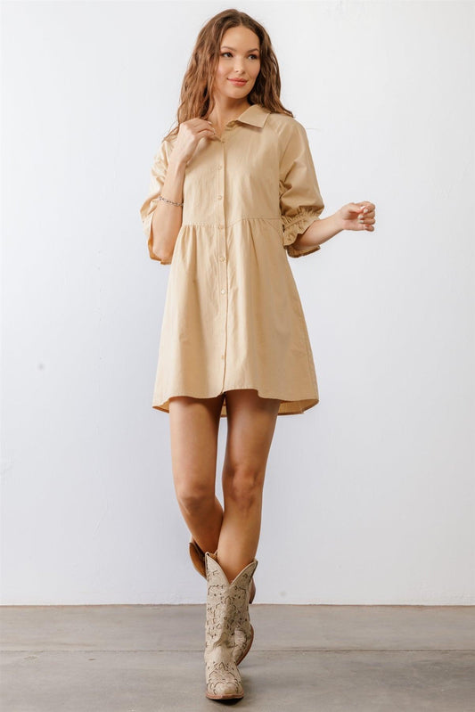 Taupe Cotton Button-Up Collared Neck Mini Dress /1-2-2-1