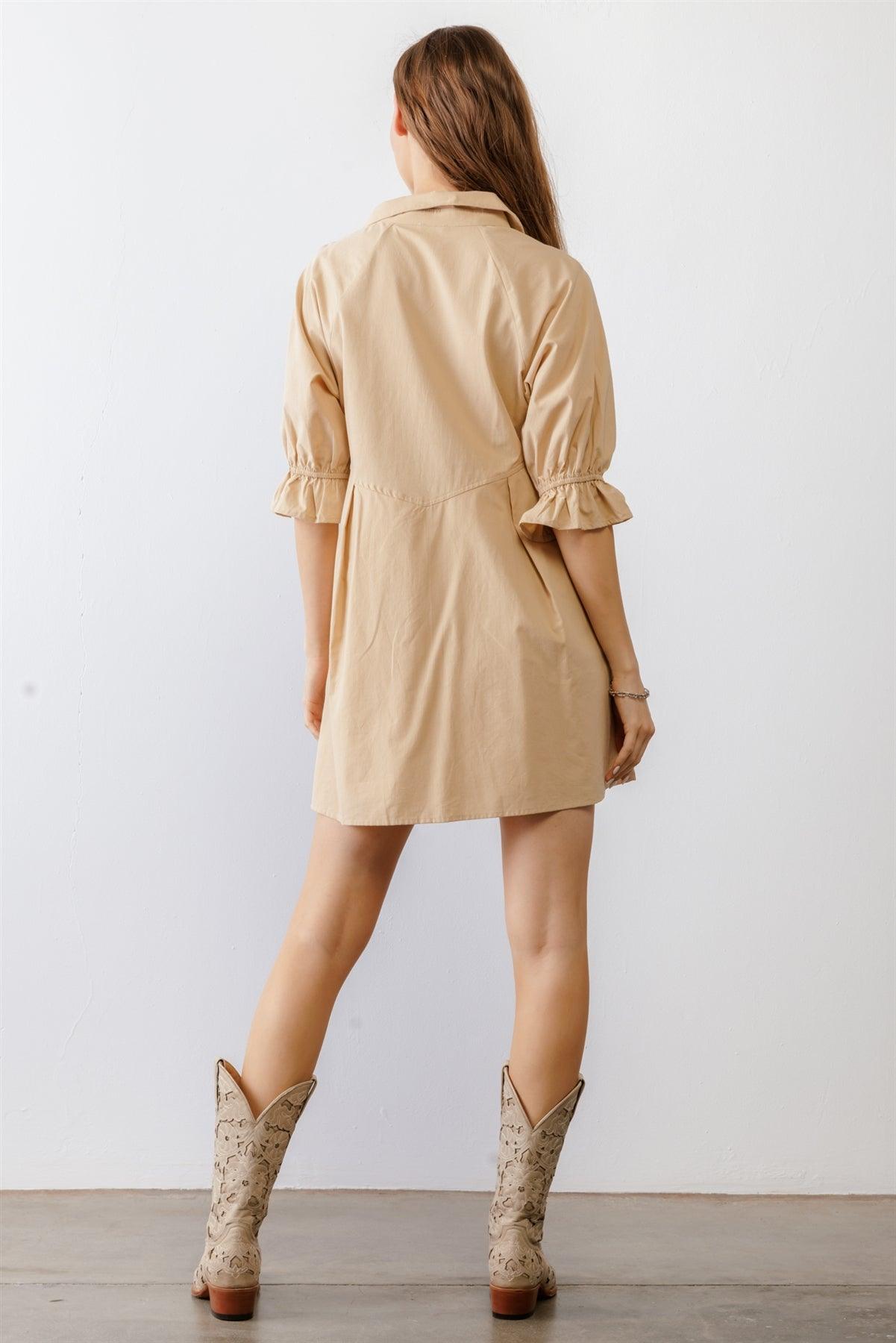 Taupe Cotton Button-Up Collared Neck Mini Dress /1-2-2-1